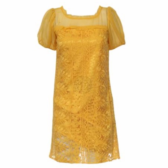 Laundry by Shelli Segal Yellow Lace Dress Size 4 Short Sleeve Floral Embroidered - Picture 1 of 7